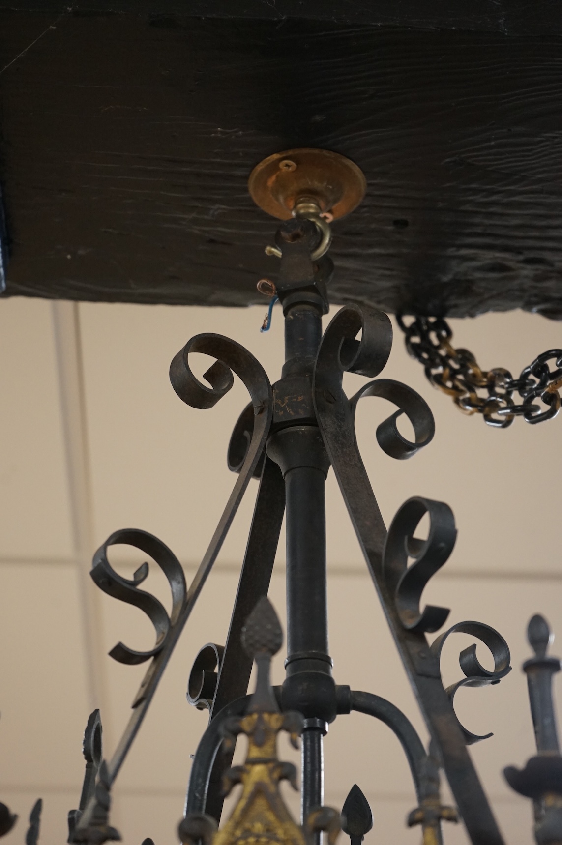 A large wrought iron and gilt bronze hall lantern, 94cm high